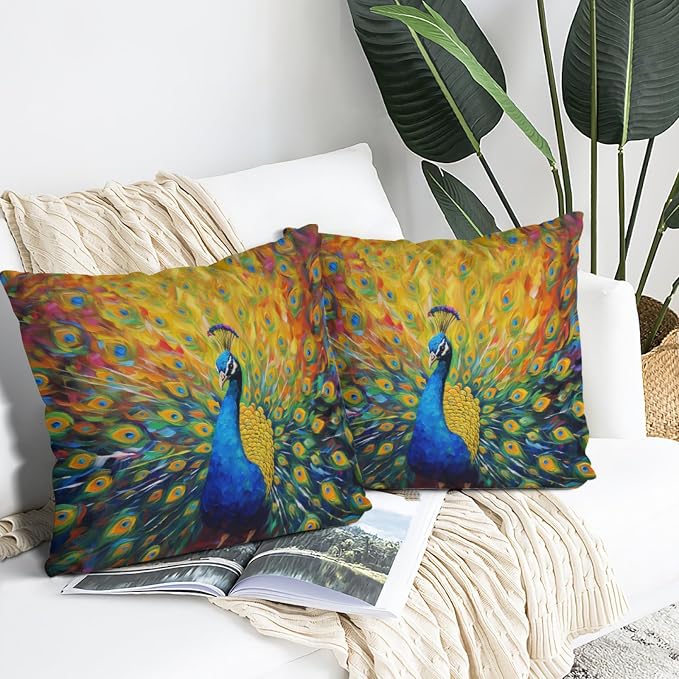 Beautiful Peacock Throw Pillow Cover 18"x18" Outdoor Pillow Cases Set of 2 Decorative Cushion Covers for Sofa Bed Chair Living Room Decor