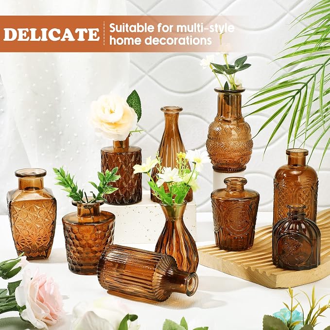 Inbagi 20 Pcs Glass Bud Vase Set - Dark Amber Small Flower Vases Bulk, Vintage Embossed Decorative Bottles for Wedding Valentine Home Table Centerpieces Decor