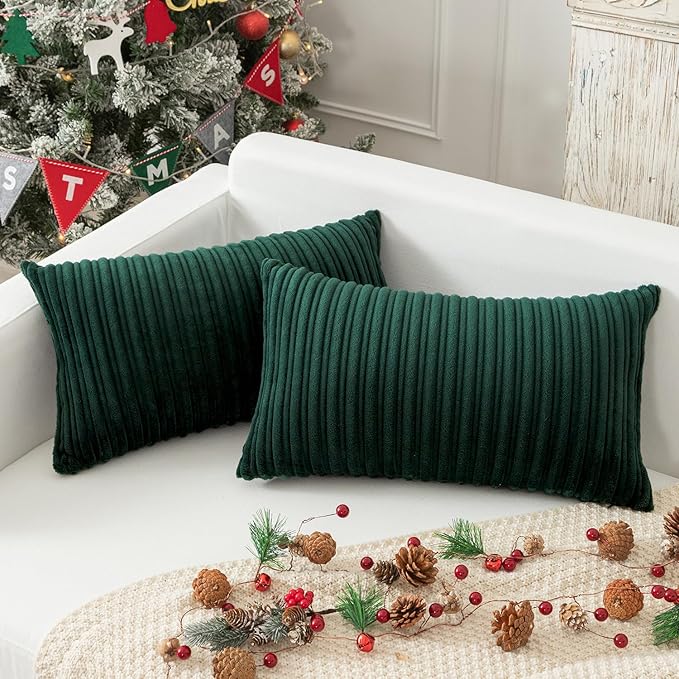 Kevin Textile Striped Corduroy 12”x20” Pillow Covers 2 Pack, Dark Green