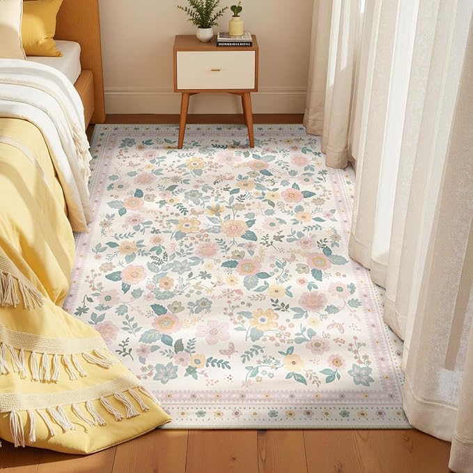 Washable Floral Area Rug for Living Room 3x5 Light Beige | Non-Slip，Vacuum-Friendly, Low Pile, Flower Carpet for Bedroom Kitchen Entryway Dining Room Office Nursery