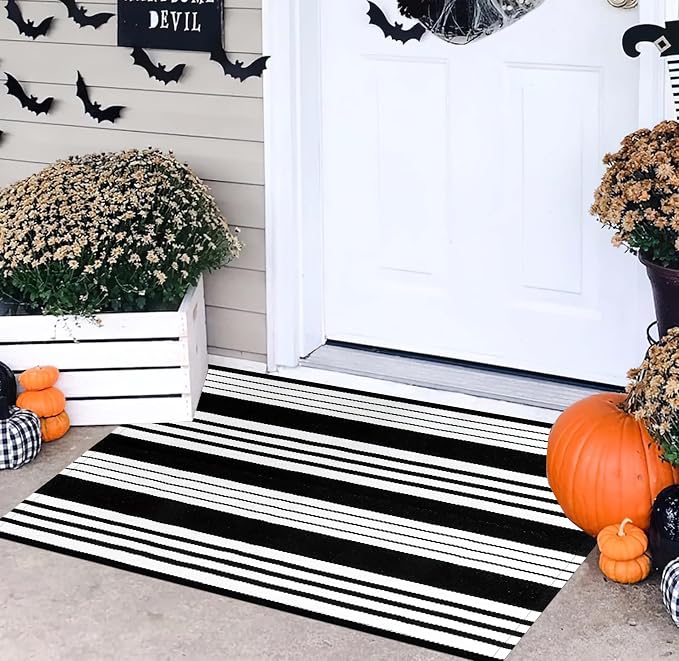 Black and White Striped Door Mat Outdoor 24"x35"Washable Layered Doormat | Hand-Woven Farmhouse Indoor/Outdoor Rug Front Porch Mat Combined Use with Hello Welcome Mat