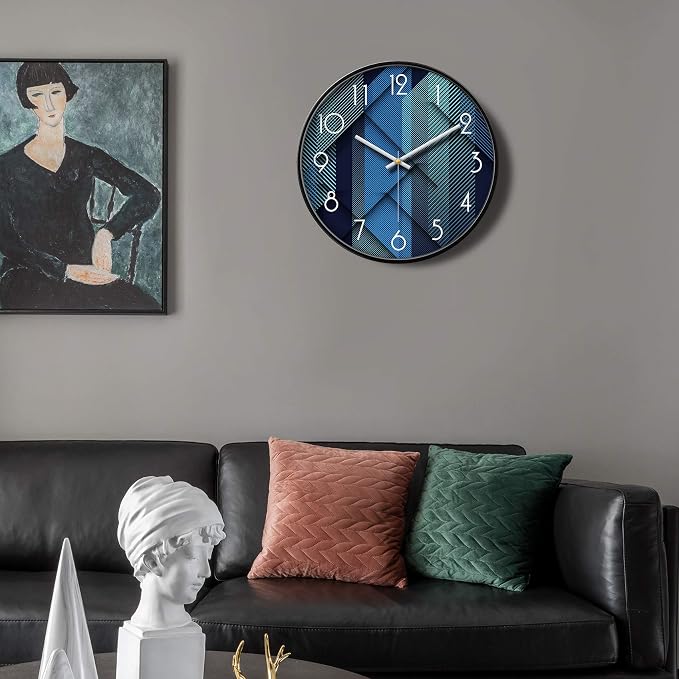 Silent Non-Ticking Analog Wall Clock, Geometric Blue Print, 12'' | Battery Operated, Modern, Metal Frame & HD Tempered Glass, Decorative for Home & Office, Bedroom, Kitchen, Living Room