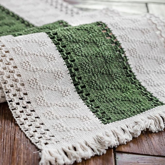 Macrame Table Runner Beige and Green Boho Runners with Tassels 12x95in | Alynsehom Hand Woven Cotton Table Runner Rustic Farmhouse Table Runners for Bohemian Kitchen Dining Table