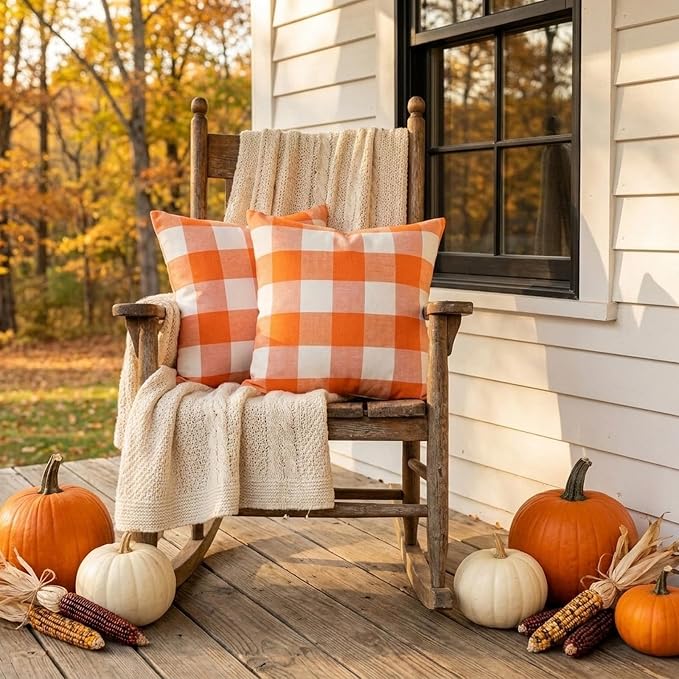 Burnt Orange Fall Buffalo Check Checkered Pillow Covers 18x18 Set of 2 | Cojines De Otoño Para Sala, Thanksgiving Autumn Pillow Covers 18 x 18, Aesthetic Fall Room Decor, Fall Front Porch Pillows