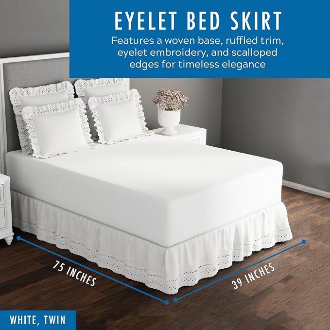 Fresh Ideas Eyelet Bed Skirt, Ruffled Design, 14 Inch Drop, Embroidered Scalloped Edge, Twin, White