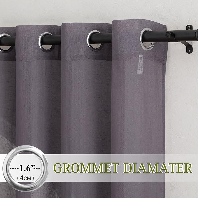 NICETOWN Flax Linen Sheer Curtains for Patio Sliding Door, Grommet Semi Sheer Linen Blend Curtains Privacy Drapes with Light Filter for Villa/Cottage, W70 x L84, Purple Brown, 1 Pair