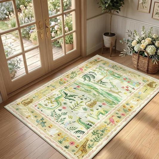 2x3 Washable Area Rug for Entryway Non Slip Safari Nursery Rug Green Kids Room Rugs Low Pile Stain Resistant Jungle Animal Print Rugs Small Throw Mat for Living Room Bedroom Girls Room, Sage Green