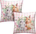 Spring Easter Pillow Covers 20x20 Pack of 2 Lovely Rabbit with Lily Flower Throw Pillow Covers Pink Plaid Bunny Pillow Case for Spring Easter Decoration Sofa Patio Garden