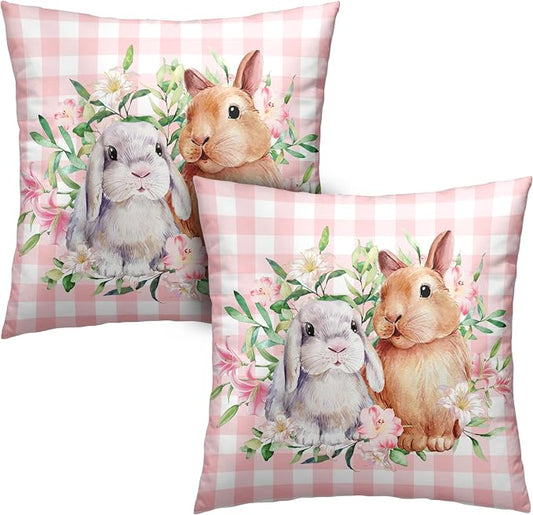 Spring Easter Pillow Covers 20x20 Pack of 2 Lovely Rabbit with Lily Flower Throw Pillow Covers Pink Plaid Bunny Pillow Case for Spring Easter Decoration Sofa Patio Garden