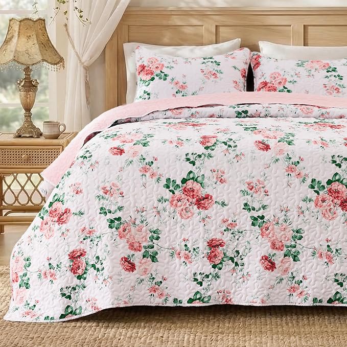 EXQ Home Printed Quilt Set Full Queen Size Pink Daphne Bedspread Set | Bedding Set For All Season Use, Soft & Breathable Coverlet,3-Piece Set Includes 2 Shams, Machine Washable