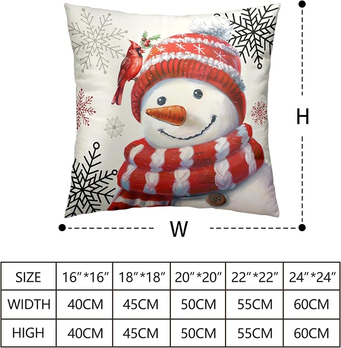 Red Snowman with Cardinal Bird Snowflake Pillow Covers 20x20 Set of 2 Christmas Winter Holiday Throw Pillow Covers Snowman Cushion Case for Living Room Bedroom Sofa