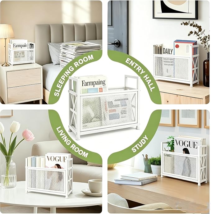 Large Magazine Rack Floor Stand, Metal White Magazine Holder Floor,14" Mesh Magazine File Holder Storage Basket Shelf Box Bin Folder Organizer for Magazines, Books, Newspapers, Tablets