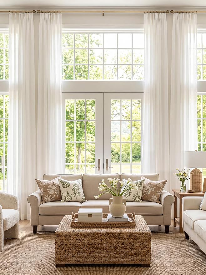 Liz Pinch Pleated Linen Curtains 92 Inches Long, Light Filtering Curtains for Living Room, Farmhouse Window Curtains for Bedroom, Modern Drapes with Hooks and Rings, White, 2 Panels Set