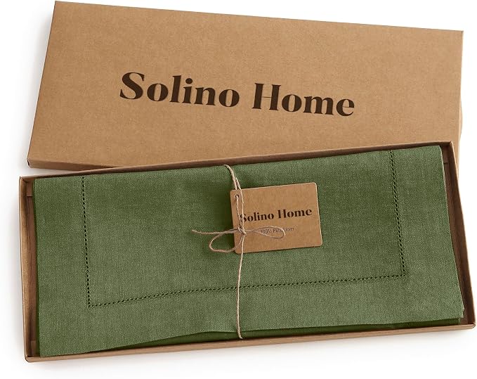 Solino Home 100% Linen Table Runner Olive, Classic Hemstitch 14 x 156 in | dresses up dining tables for everyday meals, hemstitched border, mitered corners, machine washable, soft, OEKO-TEX Certified