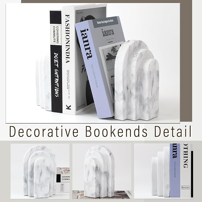 LIN CHUAN Heavy Duty Bookends for Shelves, Set of 2, Marble White Look | Book Ends for Heavy Books, Decorative Book Stopper with Faux Sandstone Finish, Layered Arch Design Bookshelf holder, 6.6 lbs