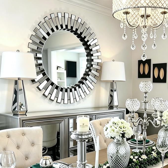 Round Mirrors for Wall Decor, 32'' Large Living Room Mirror with Beveled Edge Glass, Modern Decorative Wall Mirror for Entryway, Dining Room, Bathroom