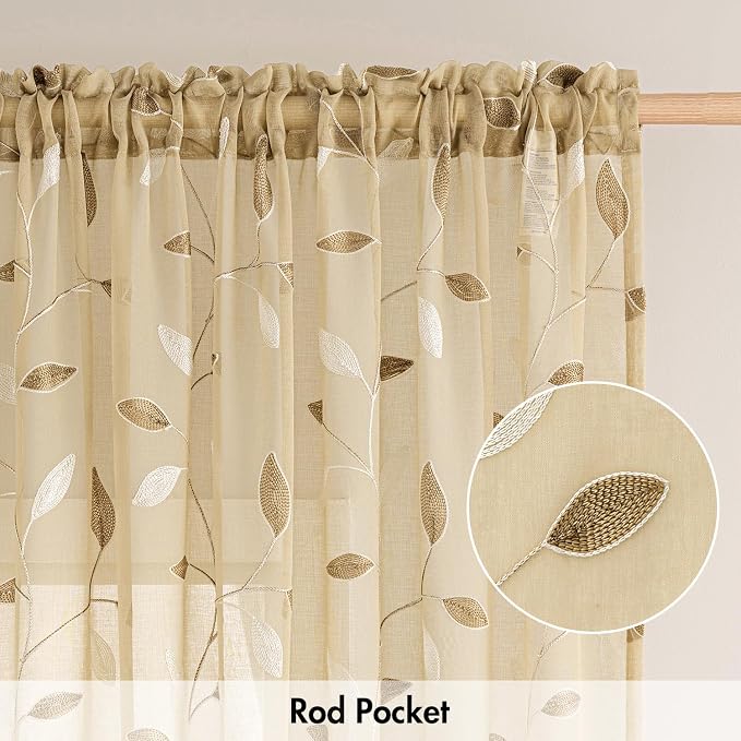 MIULEE Beige Sheer Curtains 2 Panels Embroidered Leaf Patterned, W52 x L45 | Embroidered Floral Semi Sheer,Rod Pocket,Faux Linen,Short Window Curtains Drapes Set for Kitchen/Bathroom/Cafe