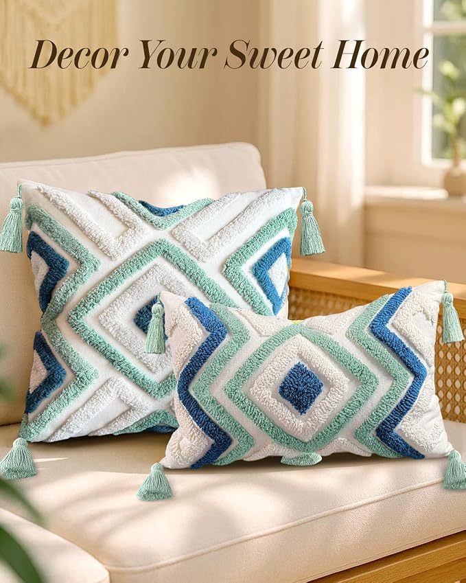 Throw Pillow Covers 18x18 - Tufted Decorative Pillow Cover with Zipper for Couch Sofa Bed Living Room Aesthetic Tassels Textured Striped Farmhouse Indoor Pillowcases, Green Blue Rhomb
