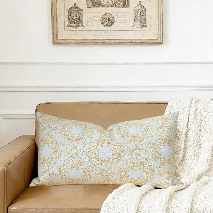 Slow Cow Linen Embroidery Decorative Lumbar Throw Pillow Cover Rectangular Pillowcase Cushion Cover 12 x 24 Inches Yellow Gold