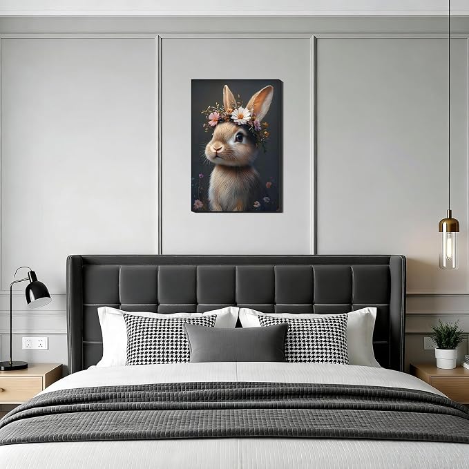 Easter Bunny with Flower Wreath Canvas Wall Art, Spring Animal Poster Prints for Nursery Wall Decor, Easter Rabbit Pictures for Living Room Bedroom Kid's Room Holiday Decoration