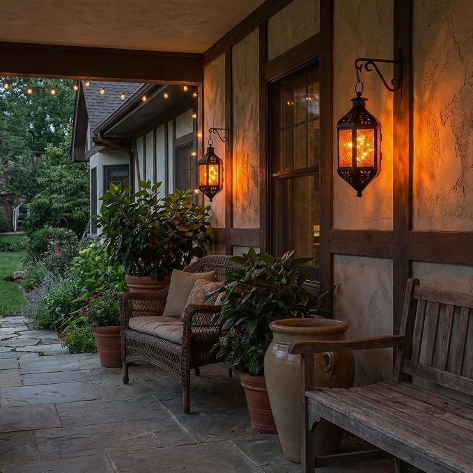 Vela Lanterns Hanging Moroccan Lamp - Exotic Decorative Patio & Porch Decor, Indoor Outdoor Tea Light Candle Lantern Holder with Chain (11" Medium, Amber/Orange Glass)