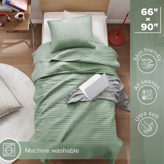Comfort Spaces Kienna Twin Quilt Bedding Set 2 Piece, 66"x 90" Sage Green | Soft Cozy Lightweight Summer Twin XL Coverlet for College Dorm, Quilted Extra Layer, Modern Casual Bedroom Decor, OEKO-TEX