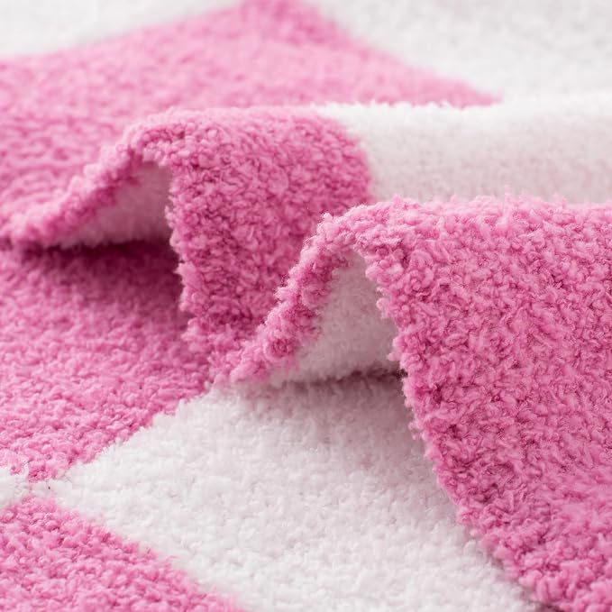 Carriediosa Checkered Throw Blanket 50x60, 400GSM Ultra Soft Microfiber | Hot Pink, Fuzzy Fluffy Cozy Plush Knit Knitted Plaid Checker, Lightweight Cute Preppy Fall Blankets & Throws for Couch, Bed