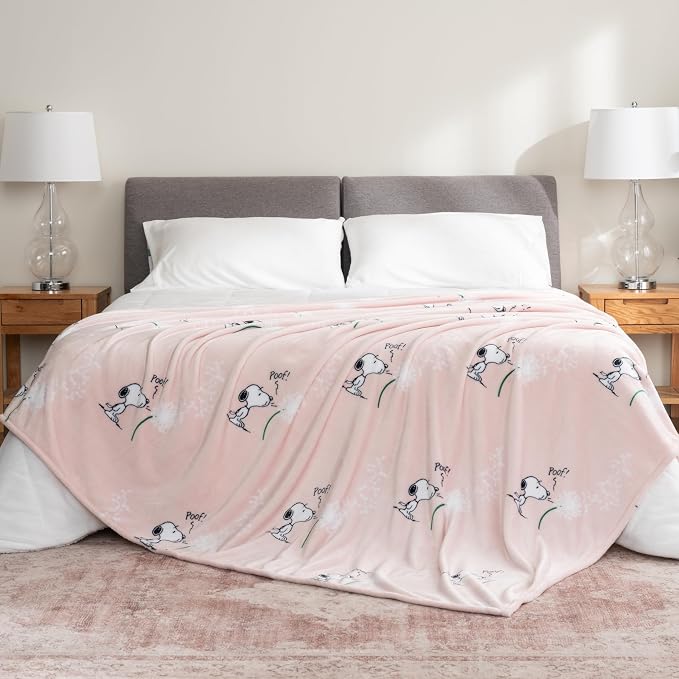 Berkshire Blanket Peanuts® VelvetLoft® Cute Character Snoopy Plush Blanket,Make A Wish Spring Pink,King 90 in x 108 in (Official Peanuts® Product)