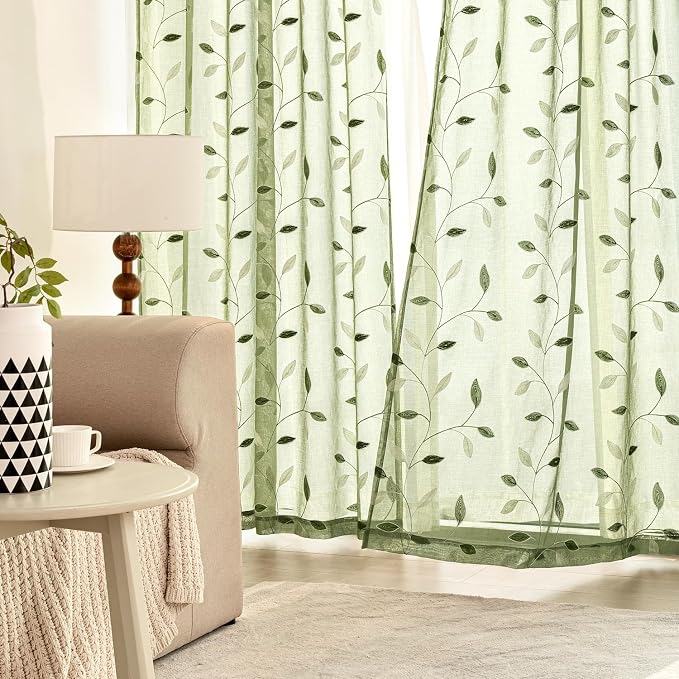 MIULEE Sage Green Sheer Curtains 2 Panels Leaf Patterned, W52 x L96 | Embroidered Floral Semi Sheer,Rod Pocket,Faux Linen,Short Window Curtains Drapes Set for Kitchen/Bathroom/Cafe