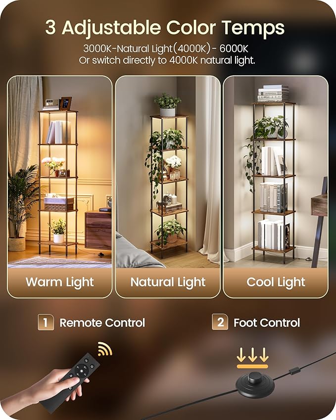 Display Shelf with Light, 5-Tier Modern Shelf Lamp, Corner Floor Lamp with Shelves, Dimmable LED Floor Lamp for Living Room with Remote, 3CCT, Timer, Wooden Corner Shelf Lamp, F52LD05