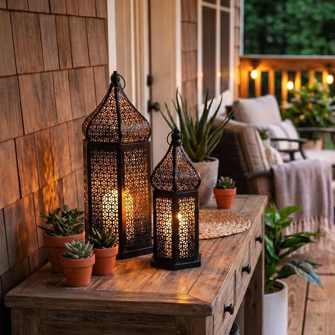 Vela Lanterns Decorative Indoor Black Moroccan Temple Lanterns, Set of 2