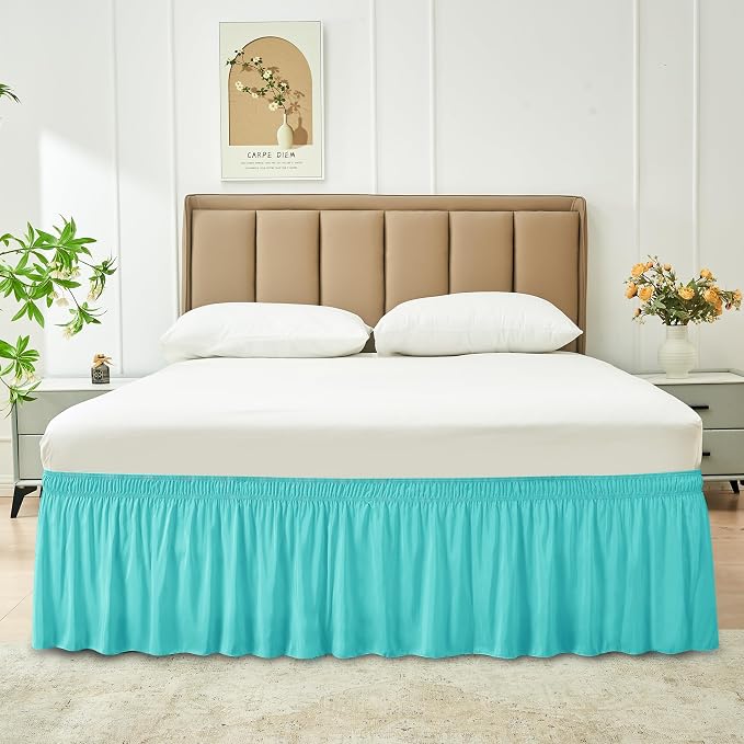 Wrap Around Queen Size Bed Skirt 19 Inch Drop-Elastic Dust Ruffle Aqua | Adjustable Pleated Bedskirt-Easy Fit Wrinkle Resistant Washable Hotel Quality Fabric Bed Skirting-Master Guest Bedroom Rental