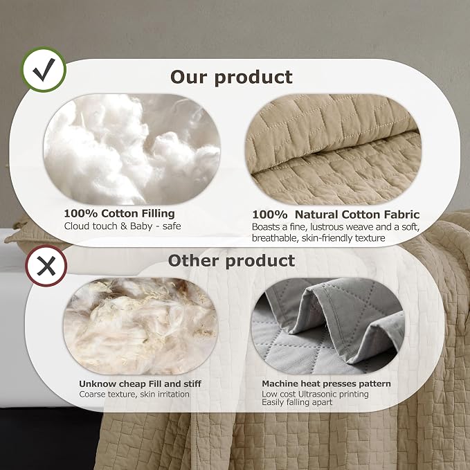 palassio Dark Beige 100% Cotton Quilt California Cal King Size Bedding Sets with 2 Pillow Shams, Oversized Lightweight Bedspread Shabby Chic Coverlet, Soft Bed Cover for All Season, 3 Pieces