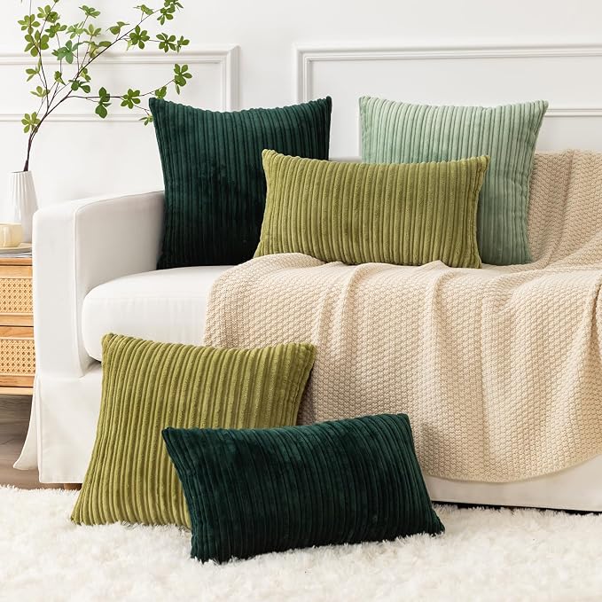 Kevin Textile Striped Corduroy 20”x20” Pillow Covers 2 Pack, Dark Green