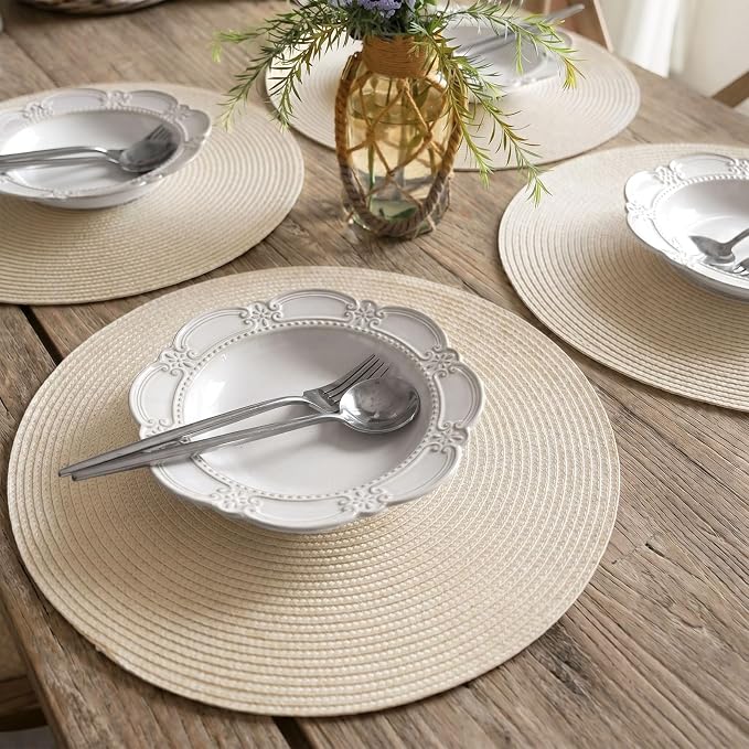 FunWheat Round Braided Placemats Set of 6 Table Mats for Dining Tables Woven Washable Non-Slip Place mats 15 inch(Beige, 6pcs)