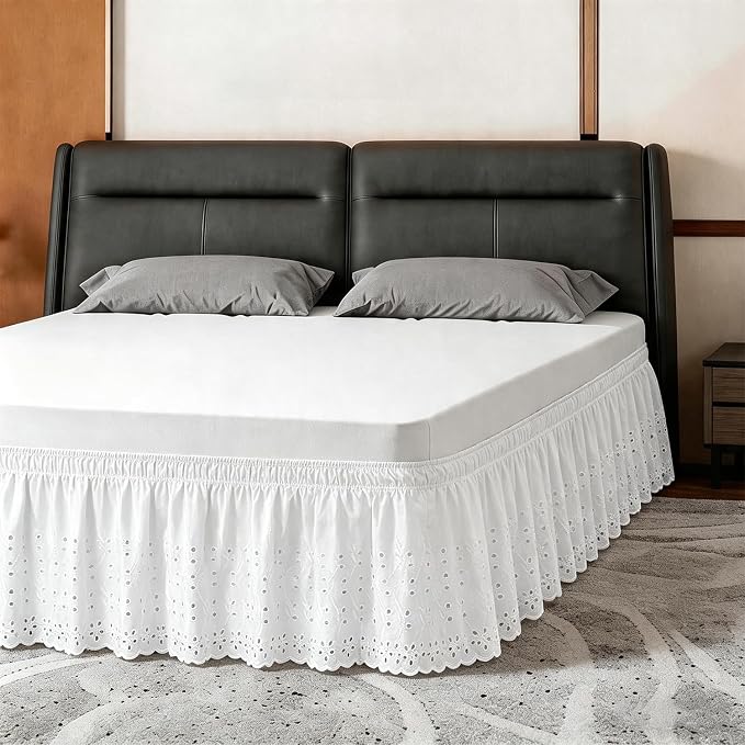 ANARACHON King Bed Skirt, Wrap-Around Elastic Ruffled Eyelet Bed Skirt King Size Dust Ruffle with Gathered Styling and Embroidered Details, 14" Drop Length (White)
