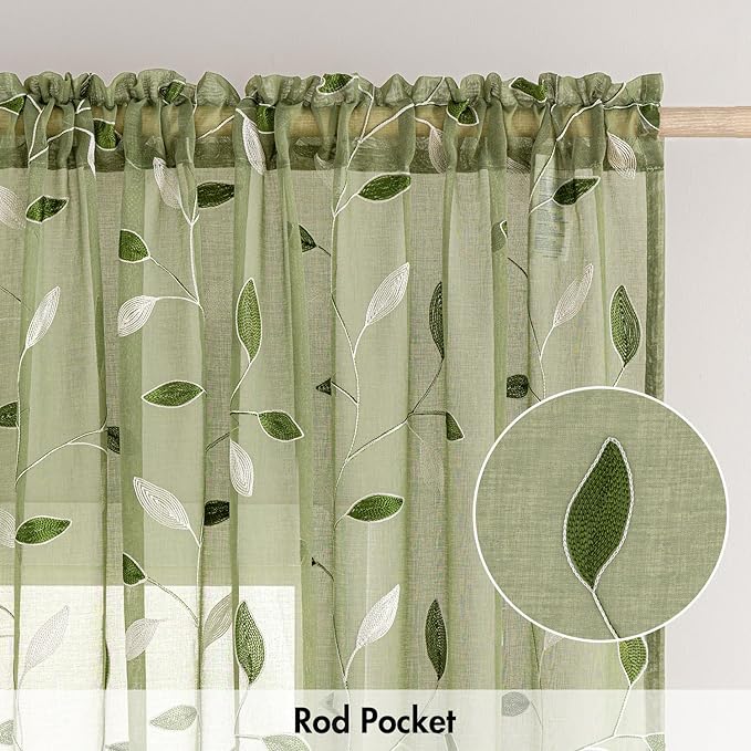MIULEE Sage Green Sheer Curtains 2 Panels Leaf Patterned, W30 x L24 | Embroidered Floral Semi Sheer,Rod Pocket,Faux Linen,Short Window Curtains Drapes Set for Kitchen/Bathroom/Cafe