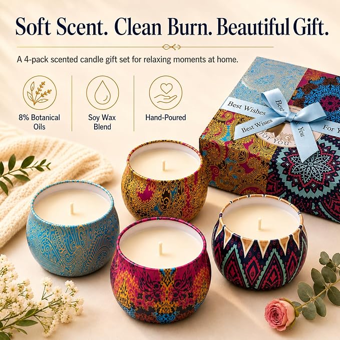 Scented Candles Gift Set for Women, 4 Pack Soy Wax Candles for Home Scented
