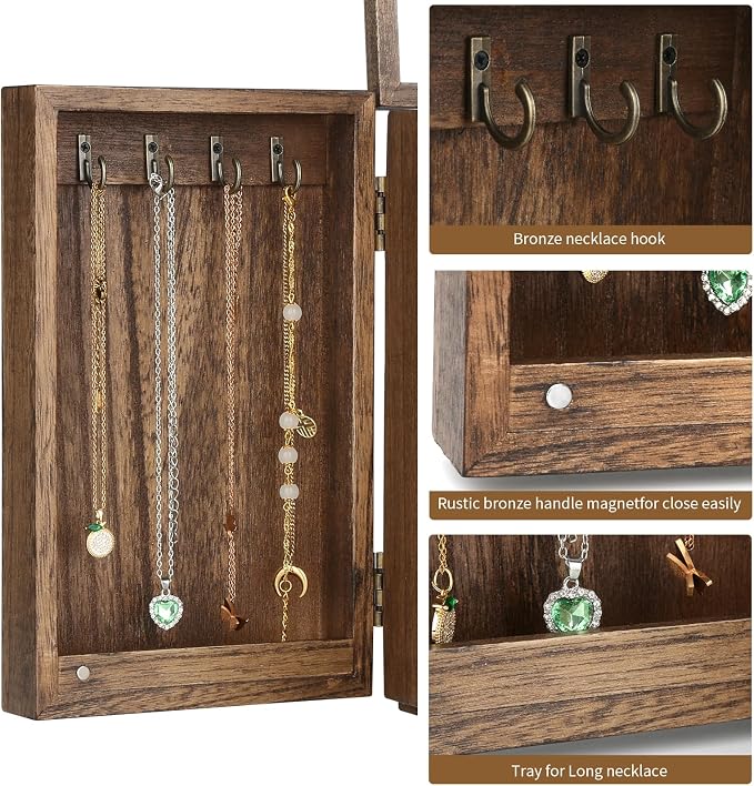 Meangood Jewelry Box Wood for Wowen, 5-Layer Large Organizer Box with Mirror & 4 Drawers for Rings, Earrings, Necklaces, Walnut