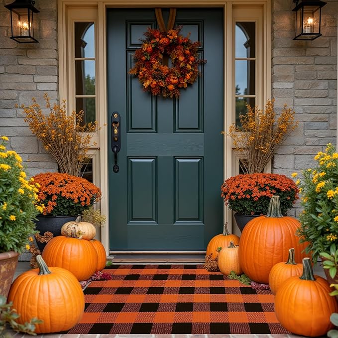 Buffalo Plaid Area Rug, Checkered Rug 27.5x43 Inches, Black and Orange Rug, Washable Cotton Mat for Front Porch, Entryway, Kitchen, Living Room, Halloween Decor