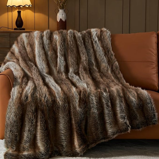 NEWCOSPLAY Faux Fur Thick Throw Blanket for Couch,Stripe Dark Brown,50"x60" | Luxury Fluffy Thick Warm Blanket for Couch Sofa Bed 1000GSM, Soft Plush Cozy Decorative Throw, Gift for Women Men