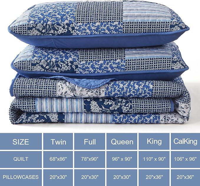 Mybedsoul Blue Quilt Set Full Size, Patchwork Floral Bedding Set | Soft Lightweight Microfiber Coverlet Set, 3 Pieces Plaid Reversible Bedspread, Bed Sets for All Seasons 78"x90"