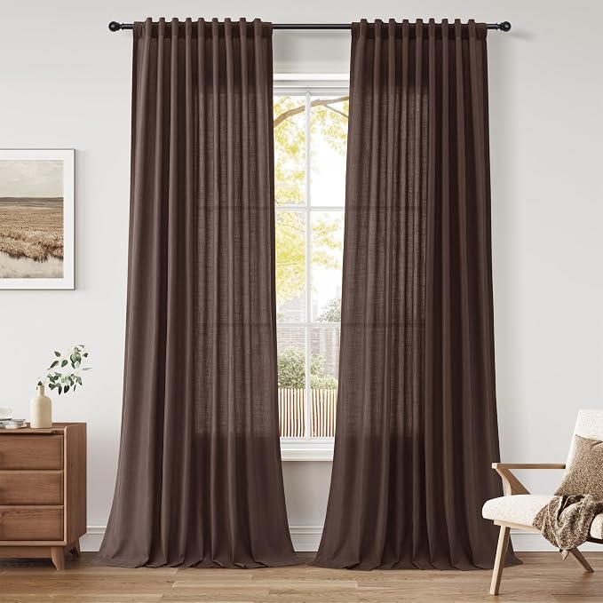 Extra Long Linen Curtains 120 Inches for Living Room Back Tab Semi Sheer High Floor to Ceiling 10ft Light Filtering Curtain Boho Farmhouse Decor Window Drapes for Bedroom 2 Panels Coffee