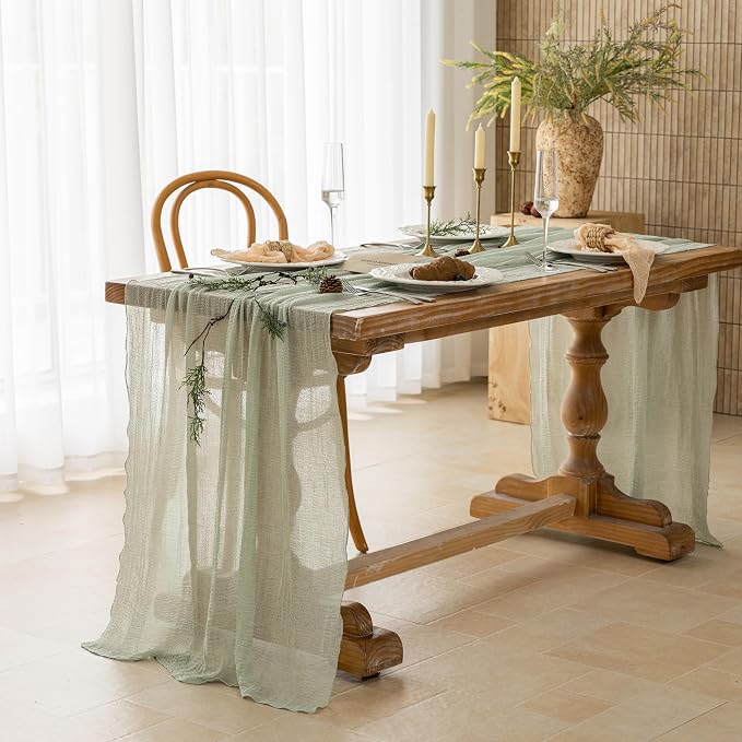 3Pcs Sage Green Cheesecloth Table Runner 120 Inches for Party Home Decor | For Wedding Baby Shower Bridal Shower Birthday Engagement Party 10FT Rustic Boho Home Decorations