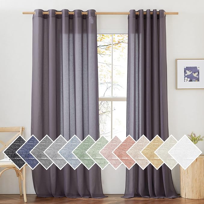 NICETOWN Flax Linen Sheer Curtains for Patio Sliding Door, Grommet Semi Sheer Linen Blend Curtains Privacy Drapes with Light Filter for Villa/Cottage, W70 x L84, Purple Brown, 1 Pair