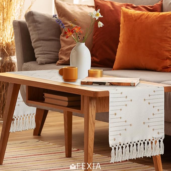 FEXIA Boho Table Runner for Home Decor 12x72 Rustic Macrame Decoration | 72 Inches Long with Tassels Rustic Table Runner Macrame Burlap Centerpieces for Living Dining Room Bedroom for Baby Shower