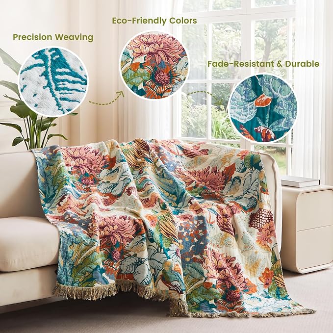 MSGKV Boho Throw Blanket 60"x80" 100% Cotton Blanket for Couch Bed Decor | 100% Cotton Throw, Muslin Blanket, Summer Breathable, Lightweight Comfort, Farmhouse Home Decor, Machine Washable
