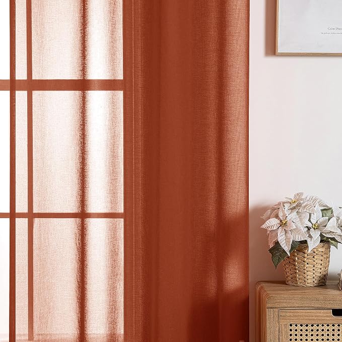 MIULEE Boho Fall Terracotta Linen Textured Sheer Curtains 54W×72L 2 Panels | Semi Transparent, Farmhouse, Window Net Panels with Rod Pocket for Bedroom Living Room