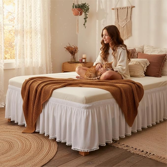 Wrap Around Queen Size Bed Skirt 15" Drop-Elastic Dust Ruffle White Pompom | Adjustable Pleated Bedskirt-Easy Fit Wrinkle Resistant Washable Hotel Quality Fabric Bed Skirting-Master Guest Bedroom Rental