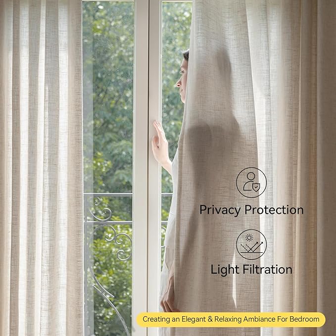Liz Sheer Pinch Pleated Linen Curtains 108 Inches Long - Light Filtering Pleat Curtains for Living Room, Window Curtains for Bedroom, Luxury Pinch Pleated Drapes with Hooks, Natural, 2 Panels Set